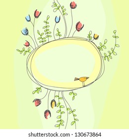 Hand drawn background with cute flowers and bird. Vector illustration