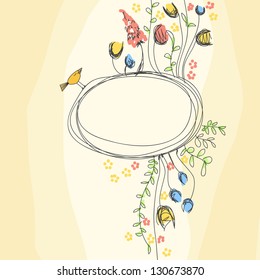 Hand drawn background with cute flowers and bird. Vector illustration