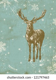 Hand - drawn background with deer and falling snow