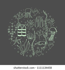 Hand drawn  background with diving and scuba equipment, sea life. Scuba-diving elements isolated. Marine symbols. Diving equipment.