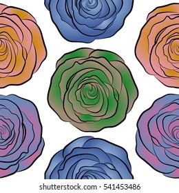Hand drawn background with dogrose flowers. Vintage flower background. Flower card with dog rose. Flower seamless pattern. Wild rose design. Abstract yellow, blue and pink roses sketch.