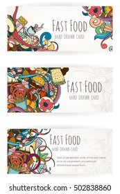 Hand drawn background of doodle style fast food elements. Vector illustration can be used for banner template, card, flyer, banner, sale, website