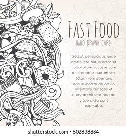Hand drawn background of doodle style fast food elements. Vector illustration can be used for banner template, card, flyer, banner, sale, website