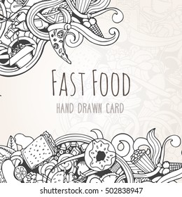 Hand drawn background of doodle style fast food elements. Vector illustration can be used for banner template, card, flyer, banner, sale, website