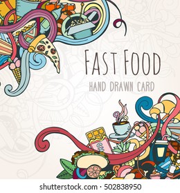 Hand drawn background of doodle style fast food elements. Vector illustration can be used for banner template, card, flyer, banner, sale, website