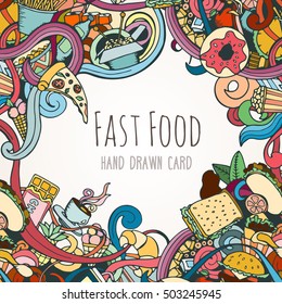 Hand drawn background of doodle style fast food elements. Vector illustration can be used for banner template, card, flyer, banner, sale, website