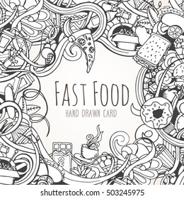 Hand drawn background of doodle style fast food elements. Vector illustration can be used for banner template, card, flyer, banner, sale, website