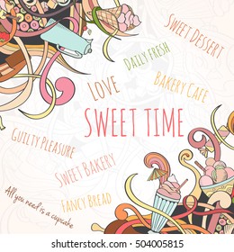 Hand drawn background of doodle style sweet elements of cupcake and icecream. Vector illustration can be used for invitation, banner template, card, flyer, sale, website, menu of bakery or restaurant