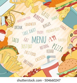 Hand drawn background of doodle style fast food elements of burger, french-fries, sandwich, hotdog, pizza, nachos, drink, burrito. can be used for invitation, banner, card, flyer, sale, website, menu