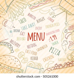 Hand drawn background of doodle style fast food elements of burger, french-fries, sandwich, hotdog, pizza, nachos, drink, burrito. can be used for invitation, banner, card, flyer, sale, website, menu