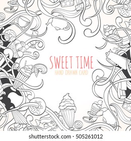 Hand drawn background of doodle style sweet elements of cupcake and icecream. Vector illustration can be used for invitation, banner template, card, flyer, sale, website, menu of bakery or restaurant