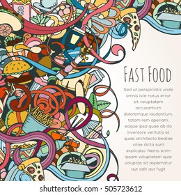 Hand drawn background of doodle style fast food elements. Vector illustration can be used for banner template, card, flyer, banner, sale, website
