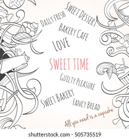 Hand drawn background of doodle style sweet elements of cupcake and icecream. Vector illustration can be used for invitation, banner template, card, flyer, sale, website, menu of bakery or restaurant