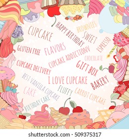Hand drawn background of doodle style sweet elements of cupcake and icecream. Vector illustration can be used for invitation, banner template, card, flyer, sale, website, menu of bakery or restaurant