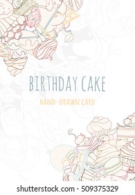 Hand drawn background of doodle style sweet elements of cupcake and icecream. Vector illustration can be used for invitation, banner template, card, flyer, sale, website, menu of bakery or restaurant