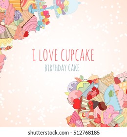 Hand drawn background of doodle style sweet elements of cupcake and icecream. Vector illustration can be used for invitation, banner template, card, flyer, sale, website, menu of bakery or restaurant