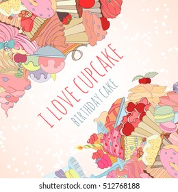 Hand drawn background of doodle style sweet elements of cupcake and icecream. Vector illustration can be used for invitation, banner template, card, flyer, sale, website, menu of bakery or restaurant