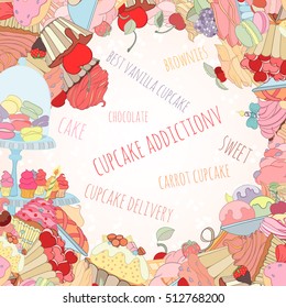 Hand drawn background of doodle style sweet elements of cupcake and icecream. Vector illustration can be used for invitation, banner template, card, flyer, sale, website, menu of bakery or restaurant