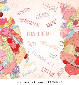 Hand drawn background of doodle style sweet elements of cupcake and icecream. Vector illustration can be used for invitation, banner template, card, flyer, sale, website, menu of bakery or restaurant