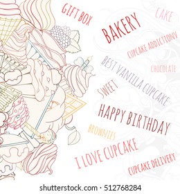 Hand drawn background of doodle style sweet elements of cupcake and icecream. Vector illustration can be used for invitation, banner template, card, flyer, sale, website, menu of bakery or restaurant