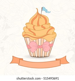 Hand drawn background of doodle style cupcake card. Vector illustration can be used for invitation, banner template, card, flyer, sale, website, menu of bakery or restaurant