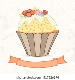 Hand drawn background of doodle style cupcake card. Vector illustration can be used for invitation, banner template, card, flyer, sale, website, menu of bakery or restaurant
