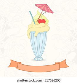 Hand drawn background of doodle style icecream. Vector illustration can be used for invitation, banner template, card, flyer, sale, website, menu of bakery or restaurant