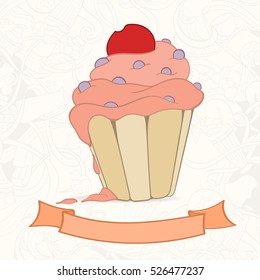 Hand drawn background of doodle style cupcake card. Vector illustration can be used for invitation, banner template, card, flyer, sale, website, menu of bakery or restaurant