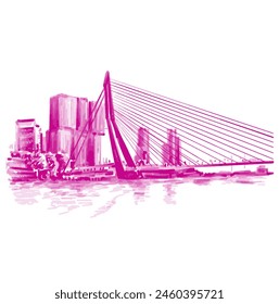 hand drawn background of the erasmusbrug rotterdam netherlands in pink