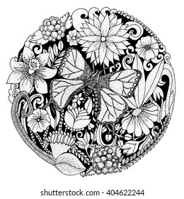 Hand drawn background with flowers, butterfly, leaves. Nature design for relax, meditation. Vector black and white illustration can be used for coloring book pages for kids and adults.