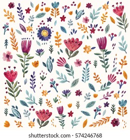 Hand drawn background with flowers and leaves. Hand drawn vector pattern hand painted