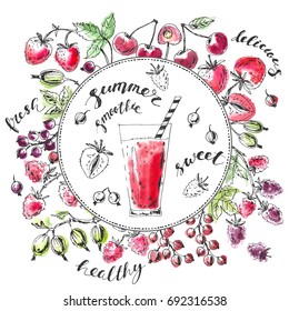 Hand drawn background with garden berries and round space with smoothie glass. Ink sketch with bright watercolor stains. Strawberry, sweet cherry, black, red currant, gooseberry, blackberry, raspberry