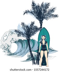 Hand drawn background with girl surfer on the beach. Vector illustration in retro style