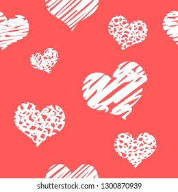 Hand drawn background with grunge hearts. Seamless grungy wallpaper on surface. Chaotic texture with many love signs. Lovely pattern. Line art. Universal background. Colorful illustration