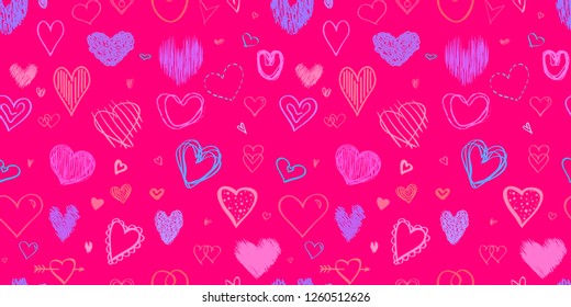 Hand drawn background with hearts. Seamless grungy wallpaper on surface. Chaotic texture with many love signs. Lovely pattern. Line art. Print for banner, flyer or poster. Colorful illustration