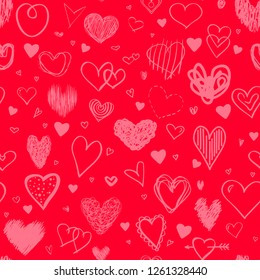 Hand drawn background with hearts. Seamless grungy wallpaper on surface. Chaotic texture with many love signs. Lovely pattern. Line art. Print for banner, flyer or poster. Colorful illustration