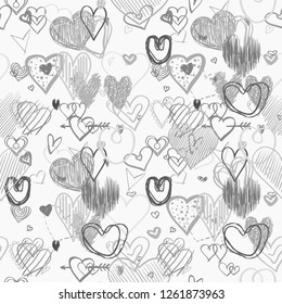 Hand drawn background with hearts. Seamless grungy wallpaper on surface. Chaotic texture with many love signs. Lovely pattern. Line art. Black and white illustration for design