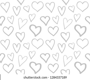 Hand drawn background with hearts. Seamless wallpaper on surface. Chaotic texture with many love signs. Lovely pattern. Line art. Print for banner, flyer or poster. Black and white illustration