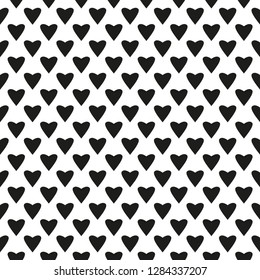 Hand drawn background with hearts. Seamless wallpaper on surface. Chaotic texture with many love signs. Lovely pattern. Line art. Print for banner, flyer or poster. Black and white illustration