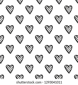 Hand drawn background with hearts. Seamless wallpaper on surface. Chaotic texture with many love signs. Lovely pattern. Line art. Print for banner, flyer or poster. Black and white illustration