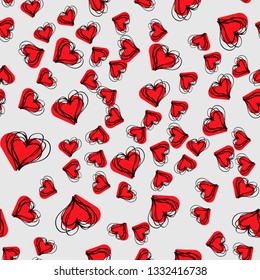 Hand drawn background with hearts. Seamless grungy wallpaper on surface. Chaotic texture with many love signs. Lovely pattern.
