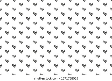 Hand drawn background with hearts. Seamless grungy wallpaper on surface. Abstract texture with many signs. Lovely pattern. Print for design. Black and white illustration