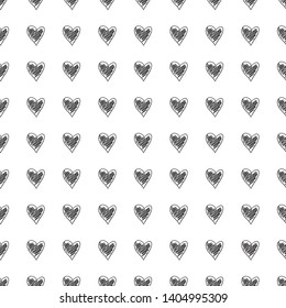 Hand drawn background with hearts. Seamless grungy wallpaper on surface. Chaotic texture. Line art. Print for banners. Black and white illustration