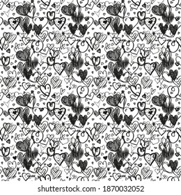 La mano dibujó fondo con corazones. Patrón sin foco. Textura para banner, volante o afiche. Día de San Valentín. Ilustración en blanco y negro