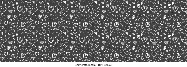 Hand drawn background with hearts. Seamless texture for banner, flyer or poster. Happy Valentines Day. Be my Valentine. Black and white illustration