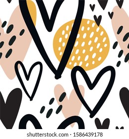 Hand drawn background with hearts. Valentine's day seamless pattern