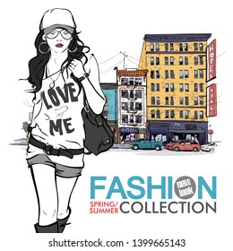 Hand drawn background with illustration of a pretty girl in sketch style. Vector illustration.