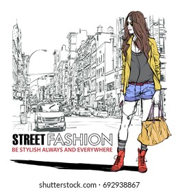 Hand drawn background with illustration of a pretty girl in sketch style. Vector illustration.