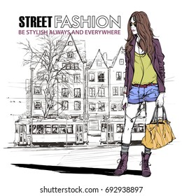 Hand drawn background with illustration of a pretty girl in sketch style. Vector illustration.