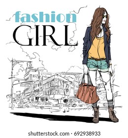 Hand drawn background with illustration of a pretty girl in sketch style. Vector illustration.